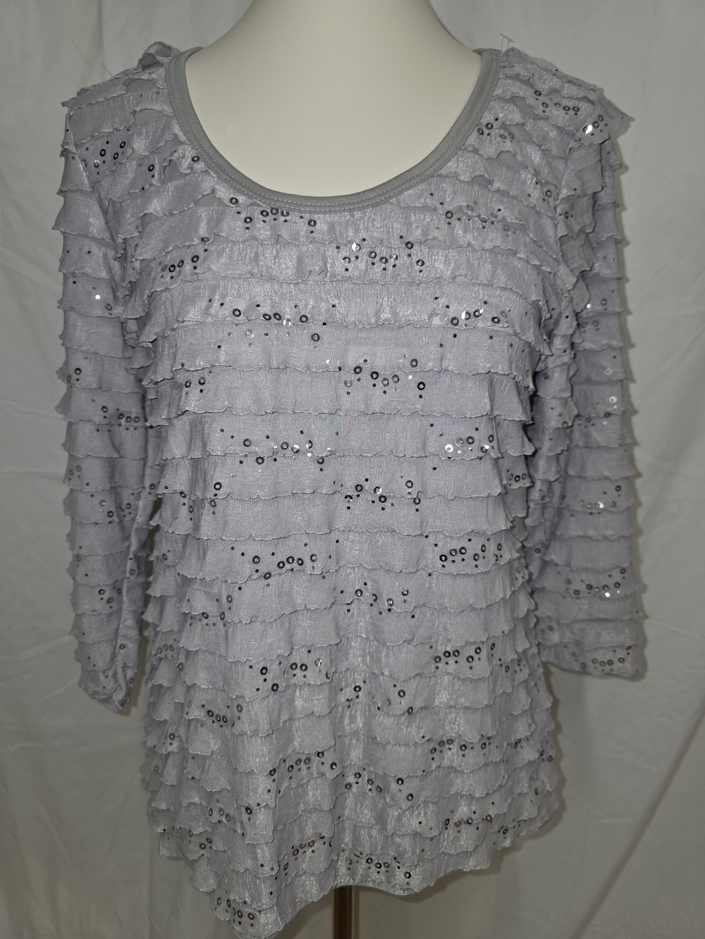 Women's Light Gray Ruffle Sequin Long Sleeve Top
